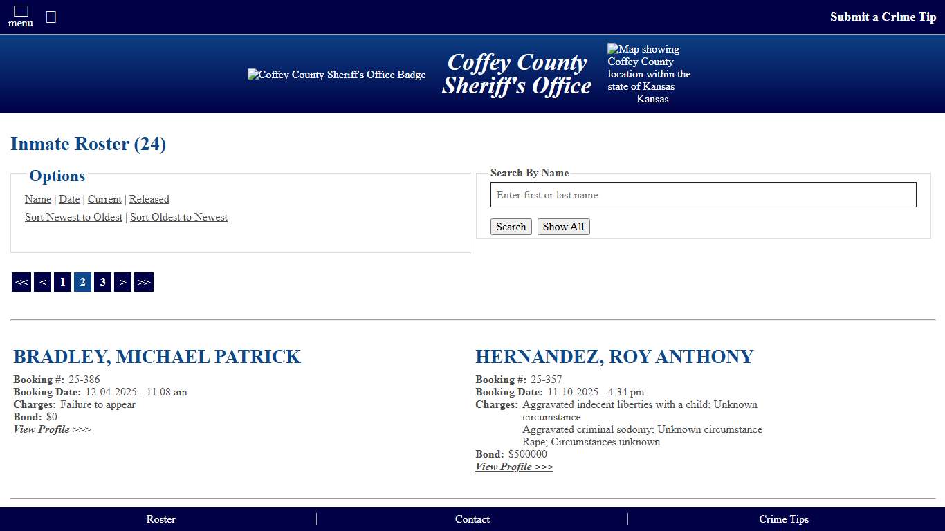 Inmate Roster - Page 2 Current Inmates Booking Date Descending - Coffey County Sheriff's Office Kansas